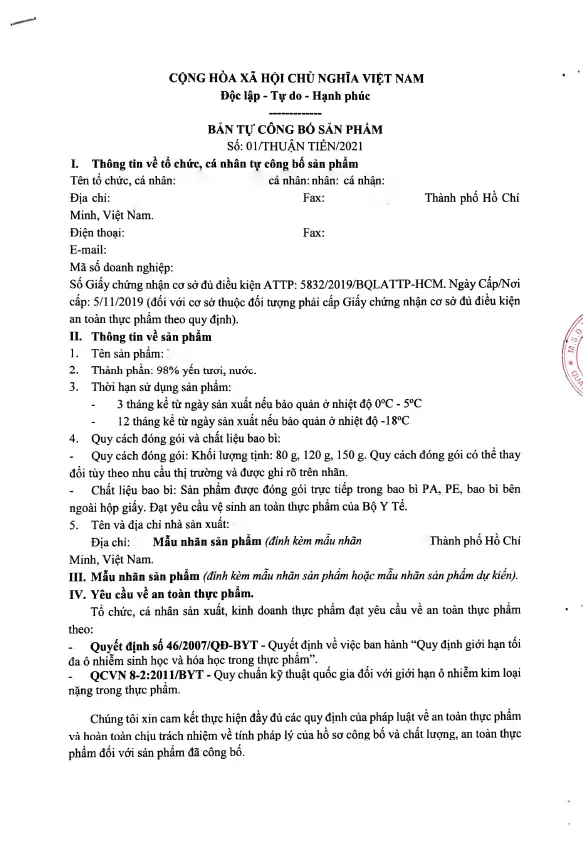 bản tự công bố thực phẩm