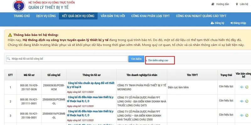 Chọn mục tìm kiếm nâng cao để tra cứu số đăng ký thiết bị y tế