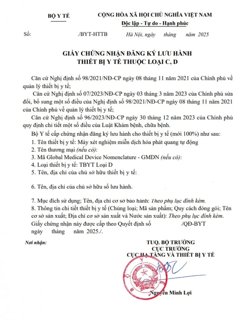 Giấy đăng ký lưu hành thiết bị y tế loại C, D