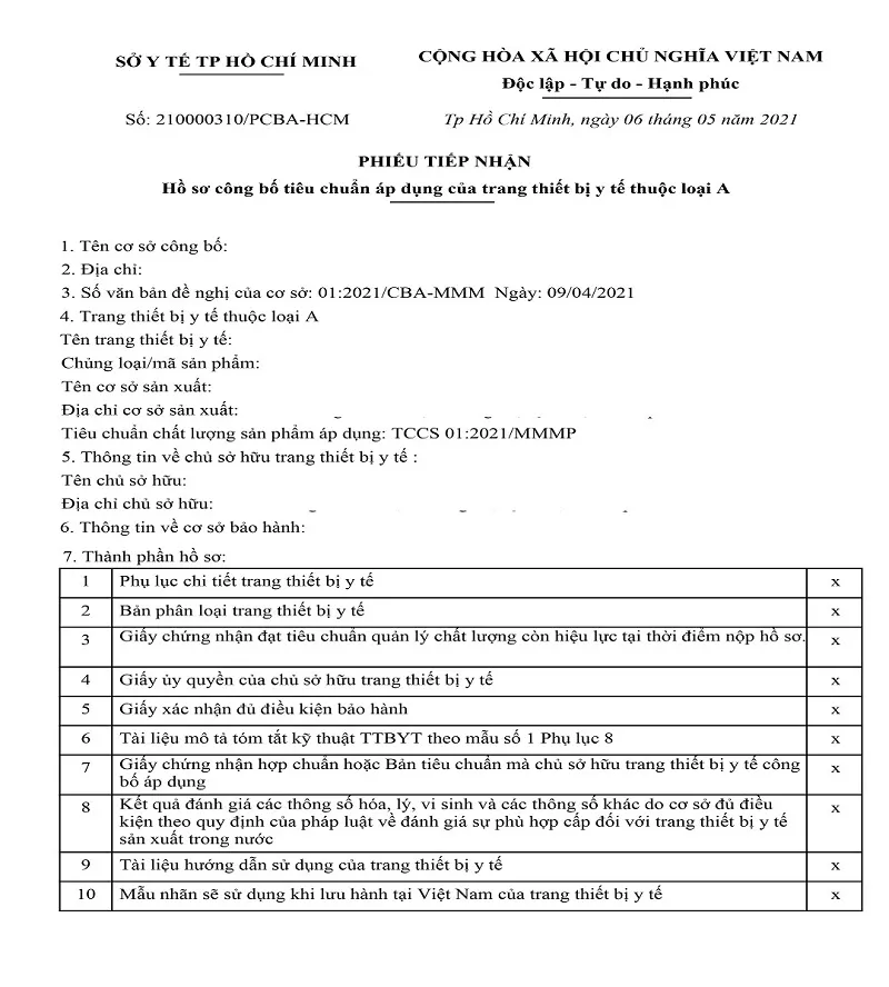 công bố thiết bị y tế loại A