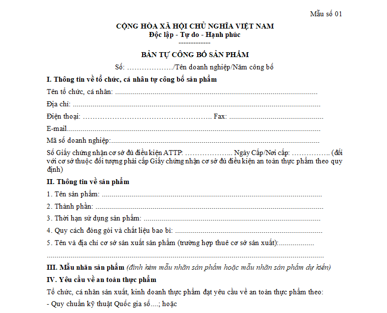 mẫu tự công bố sản phẩm