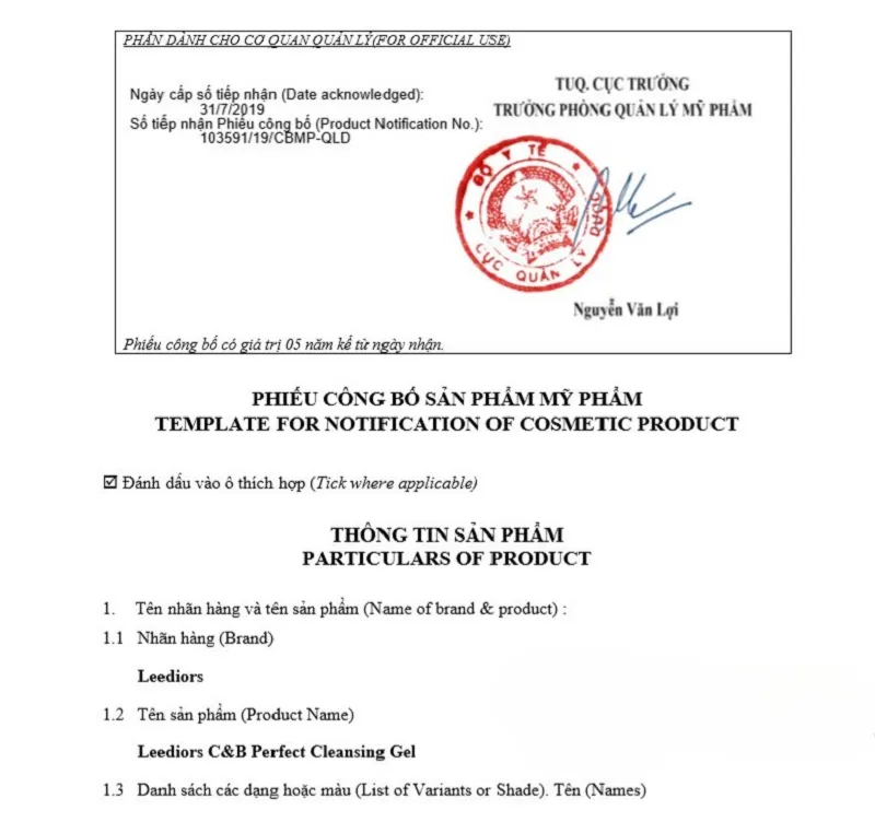 Phiếu công bố sản phẩm mỹ phẩm